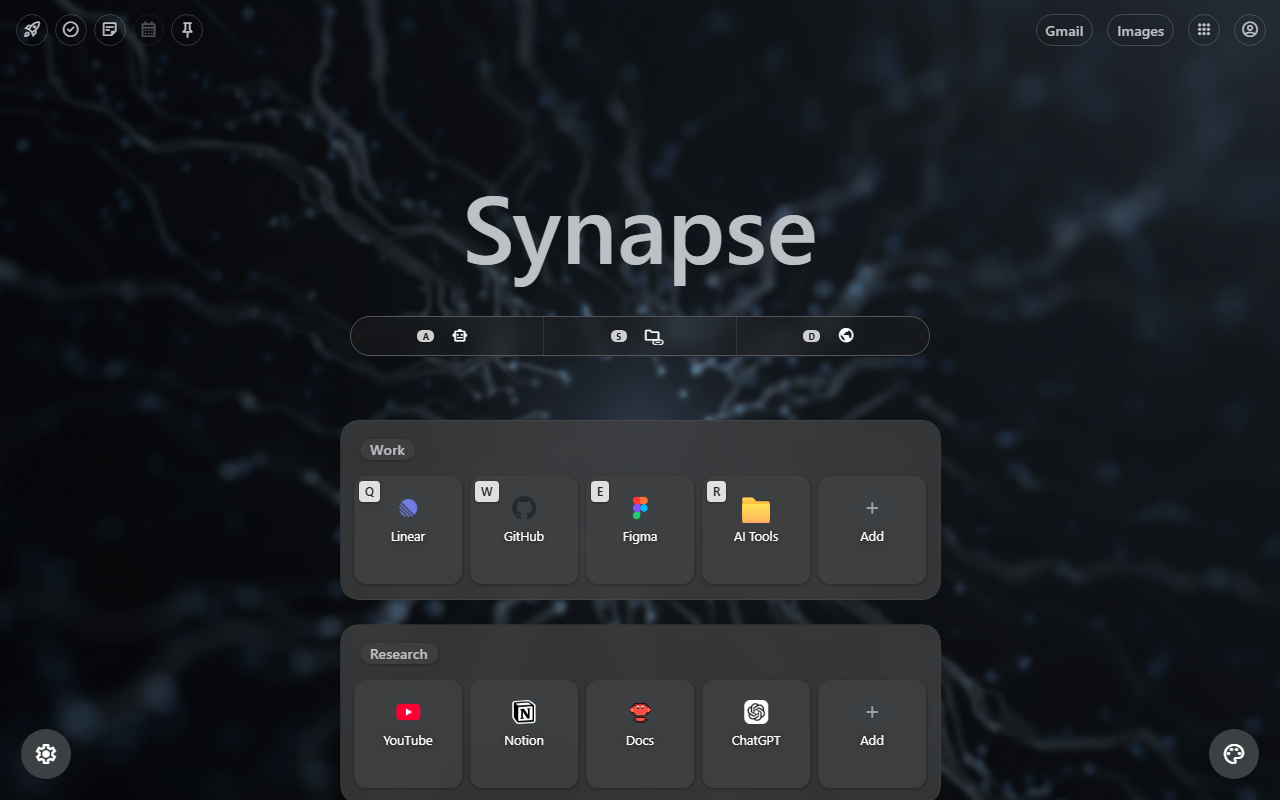 Synapse new tab workspace with center actions, work shortcuts, research shortcuts, and open workspace components.