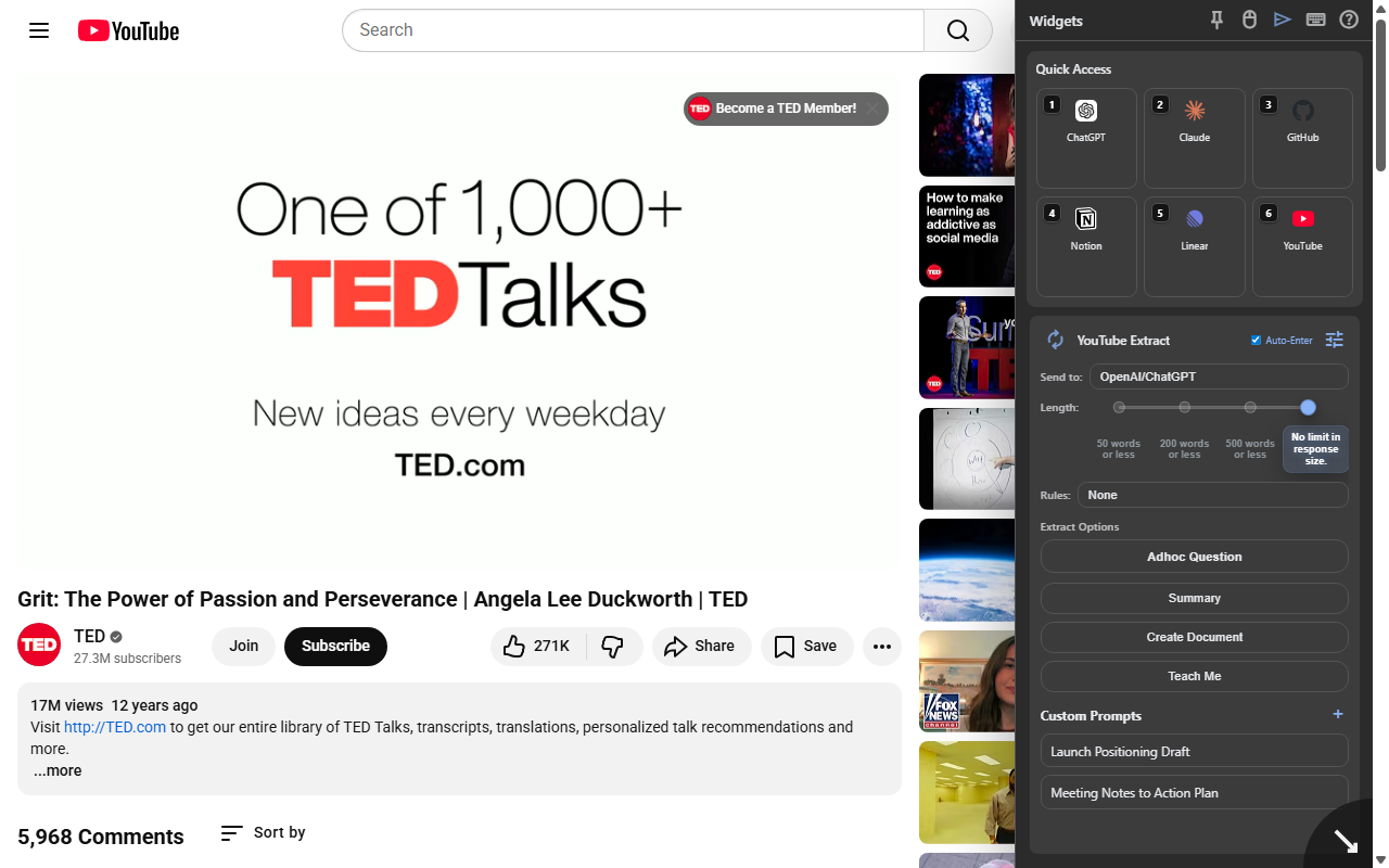 Synapse YouTube Extract sidebar open beside a YouTube page.
