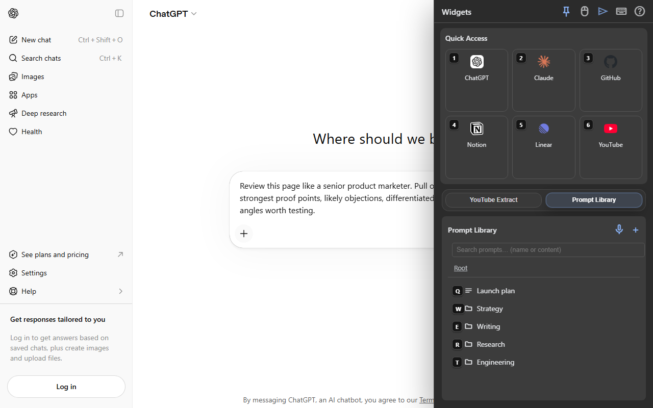 Synapse sidebar prompt workflow annotated with sidebar actions, pinned prompts, and AI handoff.